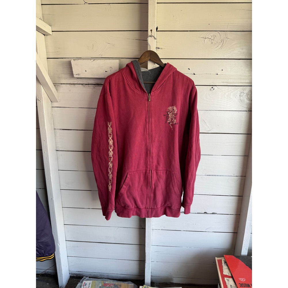 Crazy Shirts Mens Dragon Graphic Zip Up Hoodie Maroon Red Tribal Y2K XL